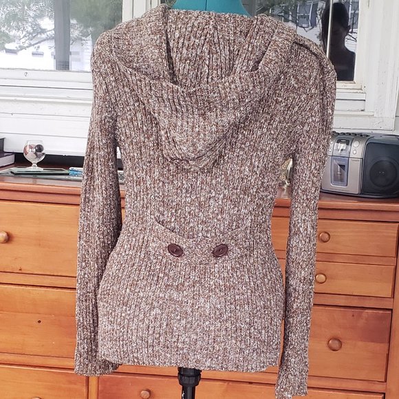 Double-Breasted Hooded Mottled Brown Sweater - Picture 2 of 5